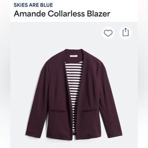 Skies are blue amande collarless blazer in purple size XL